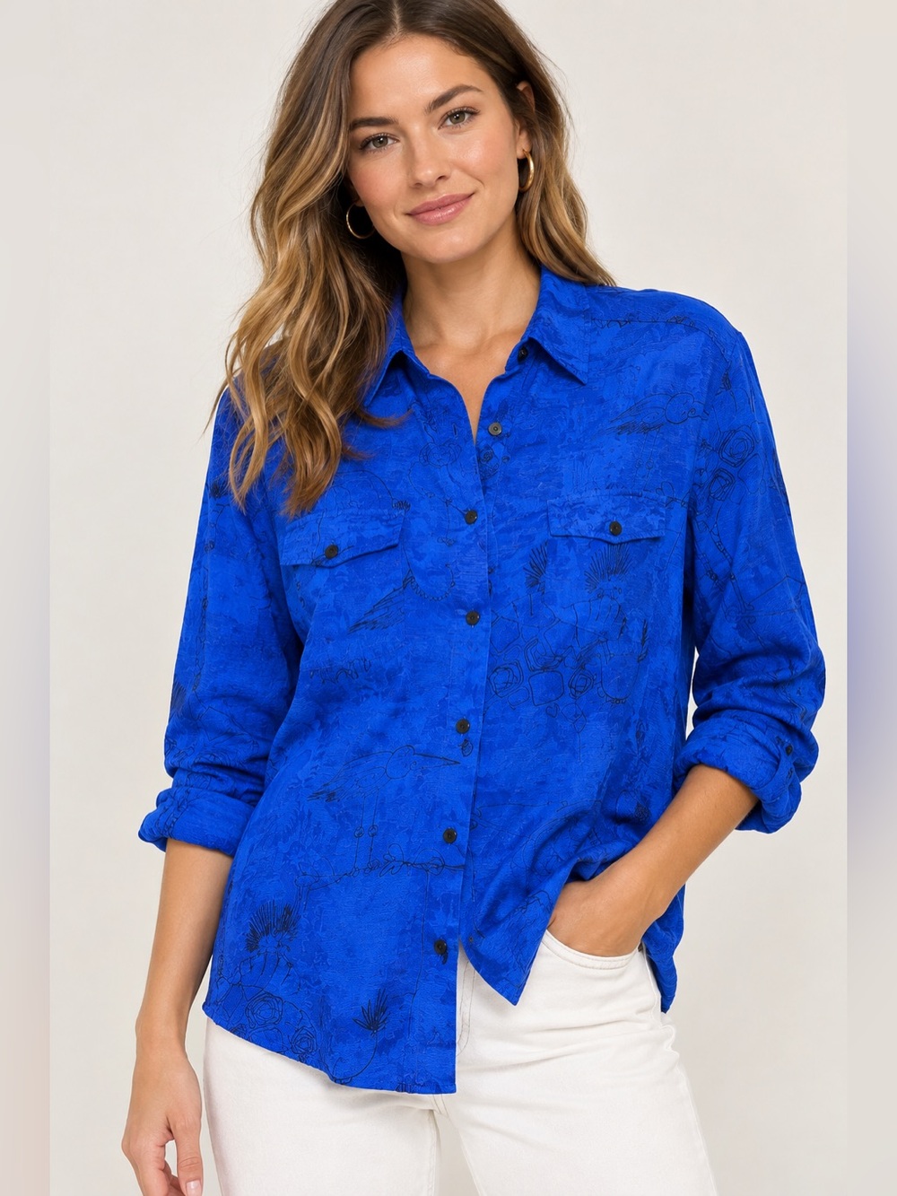 Chico’s VTG Silk Button Down Blouse Jungle Creatures Women XL Royal Blue Art